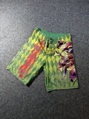 Ed Hardy Christian Audigier Death or Glory Skull Board Shorts Green Size 31